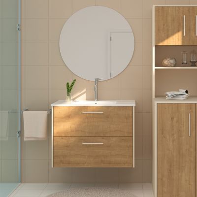Ensemble meuble vasque suspendu beige et effet bois l.80 cm + vasque simple + miroir rond à˜80 cm  Luma