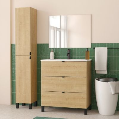 Ensemble meuble vasque effet chêne l.80 cm + plan vasque blanc en céramique + miroir  Otto