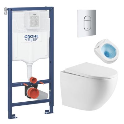 Grohe Pack WC Bâti-support + WC sans bride vortex Quiet SAT Fusion + Abattant softclose + Plaque Chrome