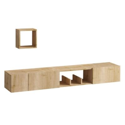 Meuble TV suspendu 1 niche 3 portes et 1 étagère murale décor chêne saphir L180 cm - Avior