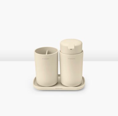 Lot de 3 accessoires salle de bains avec plateau + gobelet + distributeur de savon, beige, Brabantia