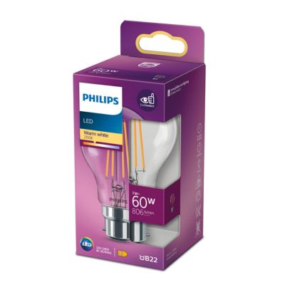 Ampoule LED B22 A60 transparent 806lm 7W = 60W IP20 blanc chaud Philips