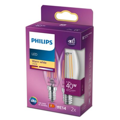 Lot 2 ampoules E14 (SES) flamme transparent 470lm 4.3W IP20 blanc chaud Philips
