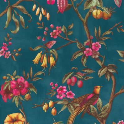 Papier peint Bloom vinyle intissé oiseau paradis bleu pétrole