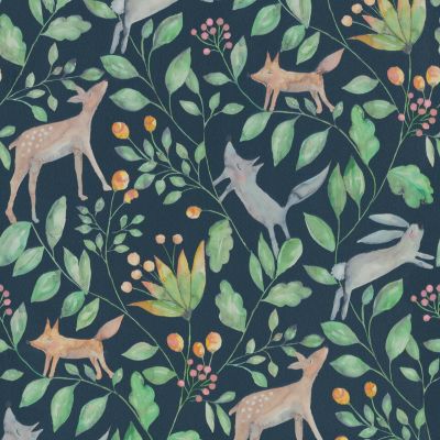 Papier peint intissé Lalala Lutece mat et satiné enfant, animaux bleu foncé, vert, ocre l.1005 x l.5