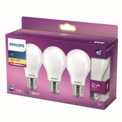 3 ampoules LED Standard E27 60W blanc chaud Philips