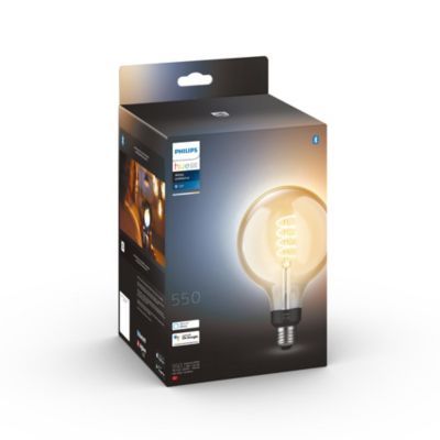 Ampoule LED E27 globe filament ambré connectée blanc chaud 550 lm dimmable 7W Philips Hue