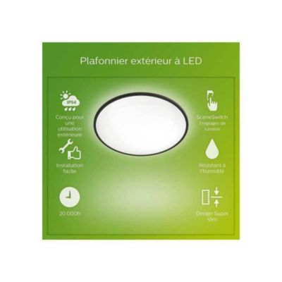 Plafonnier LED Philips SuperSlim 15W Noir IP54 pour extérieur