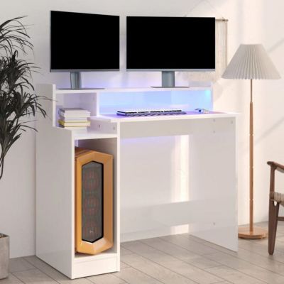 vidaXL Bureau avec Lumières LED Table d'Ordinateur Bureau d'Ecriture Table d'Etude Informatique Blanc Brillant 97x45x90 cm 805558
