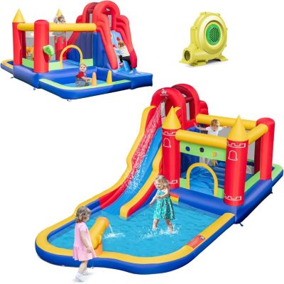 9 en 1 Structure Gonflable Enfant avec Souffleur,Parc Aquatique Gonflable avec Trampoline,Toboggan,Mur d'escalade,Piscine