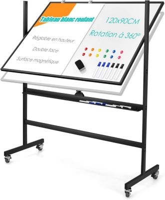 90 x 120 CM Tableau Blanc Pivotant Magnetique Double Face Cadre en Aluminium Hauteur Reglable 160-188 CM