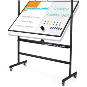 90 x 120 CM Tableau Blanc Pivotant Magnetique Double Face Cadre en Aluminium Hauteur Reglable 160-188 CM