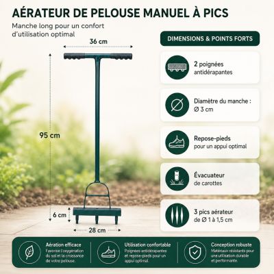 Aérateur Carotteur De Pelouse Manuel 3 Pics Avec Repose-pieds 95 Cm