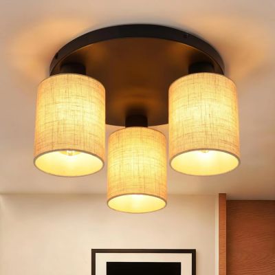 Abat-jour rond en tissu noir à 3 lumières, plafonnier Vintage E27 Boho rétro rustique pour couloir (sans ampoules)