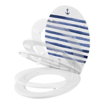 Abattant WC GoodHome Pilica coloris blanc et bleu en bois avec frein de chute