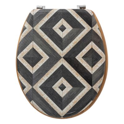 Abattant WC motifs canva blanc et noir et lunette effet bois, 5Five