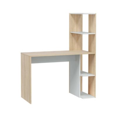 Abba Desk, Bureau linéaire avec bibliothèque, Table de bureau polyvalente peu encombrante, 110x52h136 cm, Blanc et Chêne