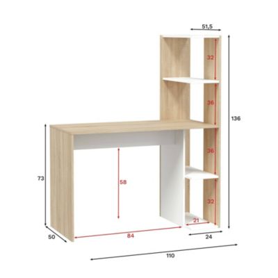 Abba Desk, Bureau linéaire avec bibliothèque, Table de bureau polyvalente peu encombrante, 110x52h136 cm, Blanc et Chêne