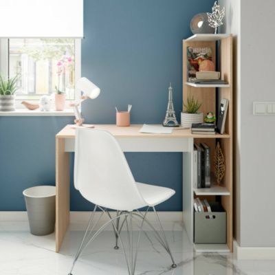 Abba Desk, Bureau linéaire avec bibliothèque, Table de bureau polyvalente peu encombrante, 110x52h136 cm, Blanc et Chêne