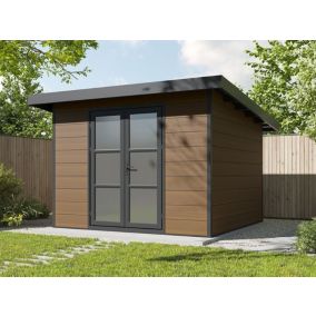 Abri Bois Composite ALMA - 9m2 Brun - Epaisseur Madriers : 28mm - Cabane de Jardin - Grilles d'Aeration - Porte Double - Gouttiere