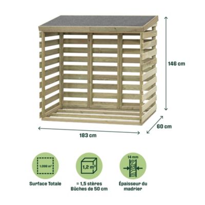 Abri bûches en bois Klikstrom Losino l.183 x P.60 x H.146 cm