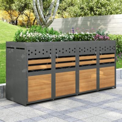 Abri cache-poubelle 4x240 L - acier inoxydable - portes aspect bois verrouillables - aérations intégrées - jardinière - gris