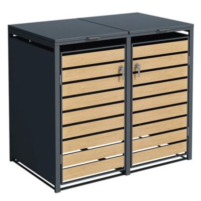 Abri cache poubelle double - 2x 240L - anthracite/imitation bois en acier