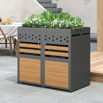 Abri cache-poubelle double 2x240 L - acier inoxydable - portes aspect bois verrouillables - jardinière intégrée - gris