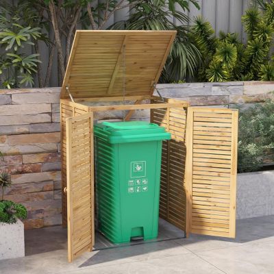 Abri de Jardin 120L avec Porte Verrouillable-Cache-Poubelle en Bois avec Couvercle Relevable-Chaîne Métallique-86x70x114CM