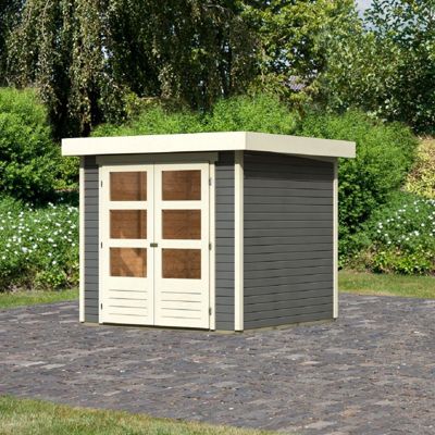 Abri de jardin 4,62m² en bois massif Karibu Askola 2, gris terre avec double porte vitrée