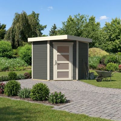 Abri de jardin 4,62m² Schwandorf 3, bois massif épicéa nordique gris terre, porte vitrée, toit plat Karibu