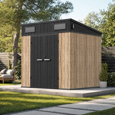 Abri de jardin 4,71 m² en résine effet bois Woodizy avec plancher et double porte Jôbu
