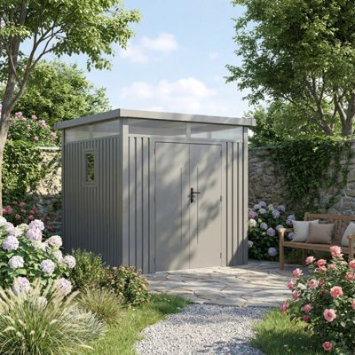 Abri de jardin 5,29m² acier galvanisé gris toit plat Kosto X-Metal avec kit d'ancrage