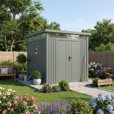 Abri de jardin 5,29m² acier galvanisé vert sauge avec kit d'ancrage X-Metal Kosto