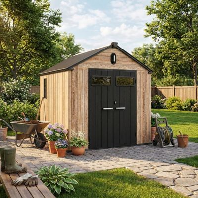 Abri de jardin 5,47 m² en résine effet bois Woodizy avec plancher et double porte Jôbu