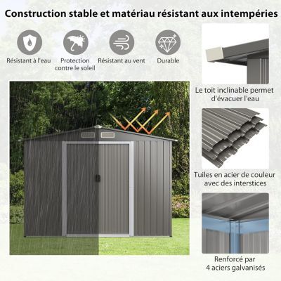 Abri de Jardin 5 m2 en Métal avec Base avec Portes Coulissantes Rangement à Outils 260 x 207 x 181cmToit Gris Foncé