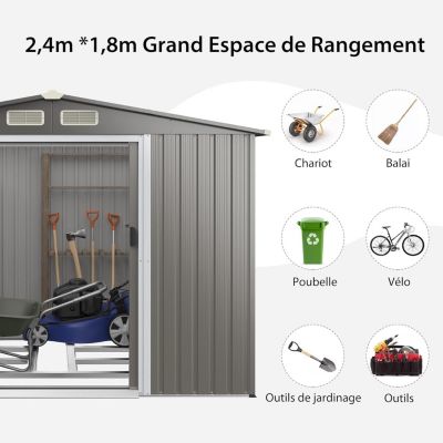 Abri de Jardin 5 m2 en Métal avec Base avec Portes Coulissantes Rangement à Outils 260 x 207 x 181cmToit Gris Foncé