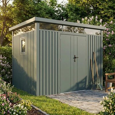 Abri de jardin 6,76m² acier galvanisé vert sauge toit plat kit ancrage X-Metal Kosto