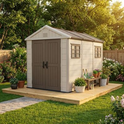 Abri de jardin 7,17m² résine HDPE beige avec plancher et fenêtres SunLife Jôbu