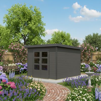 Abri de jardin 7,34 m² Karibu Pluto toit plat, bois massif coloris gris, acier anthracite