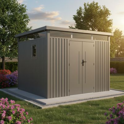 Abri de jardin 8,64m² acier galvanisé toit plat Kosto X-Metal gris avec kit d'ancrage