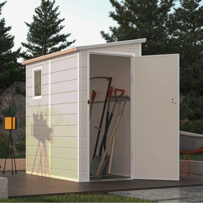 Abri de jardin adossé en résine beige 1,64m² avec porte et fenêtre + kit fondation - JOBU