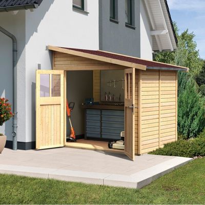 Abri de jardin adossé Karibu Bomlitz 2, 4,18m², épicéa massif 19mm, double porte, embase traitée