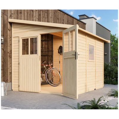 Abri de jardin adossé Karibu Bomlitz 3, épicéa massif 19mm, surface 6,23m² et embase traitée