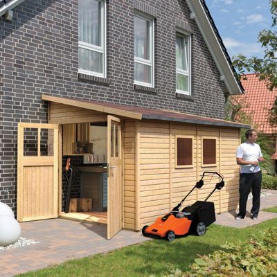 Abri de jardin adossé Karibu Bomlitz 4 en épicéa massif 19mm 8,27m² avec embase traitée autoclave