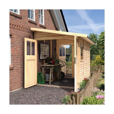 Abri de jardin adossé Karibu Juist 4 bois massif brut 6,42m² double porte semi-vitrée, embase incluse