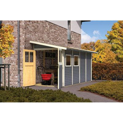 Abri de jardin adossé Karibu Wandlitz 3, 4,85m², épicéa massif vitrifié gris, double porte, embase incluse