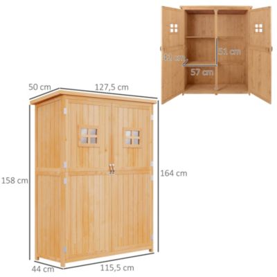 Abri de jardin armoire de jardin sur pied 128L x 50l x 164H cm 2 étagères 2 portes 2 fenêtres toit bitumé bois sapin pré huilé