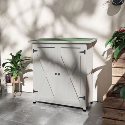 Abri de jardin armoire de jardin sur pied dim. 110L x 55l x 117H cm 2 étagères 2 portes toit bitumé bois sapin gris clair