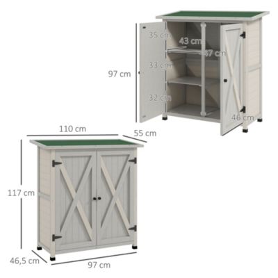 Abri de jardin armoire de jardin sur pied dim. 110L x 55l x 117H cm 2 étagères 2 portes toit bitumé bois sapin gris clair